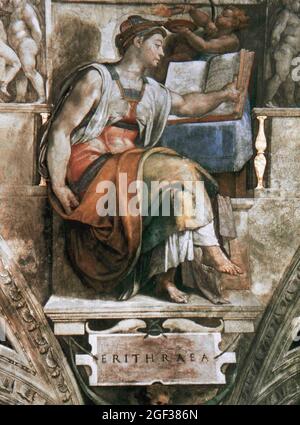 Michelangelo (1475-1564). Die Erythraäische Sibyl. Prophetin der klassischen Antike. Detail eines Freskens (1508-1512) an der Decke der Sixtinischen Kapelle. St. P Stockfoto