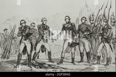 Amerikanische Revolution. Die Kapitulation des britischen Generals John Burgoyne nach der Schlacht von Saratoga am 17. Oktober 1777. Gravur von Vernier. Panorama Univer Stockfoto