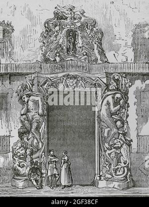 Spanien, Valencia. Palast des Marquis von Dos Aguas. Detail der Hauptfassade. Gravur, 19. Jahrhundert. Cronica General de España. Historia Ilustrada y D Stockfoto