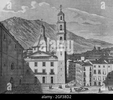 Spanien, Provinz Alicante, Alcoy. Saint-Augustin-Platz. Stich von Sierra, 19. Jahrhundert. Cronica General de España. Historia Ilustrada y Descriptiva Stockfoto