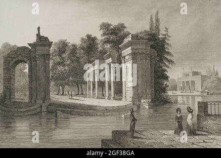 Polen, Warschau. Lazienki Park. Das Königliche Bad. Antikes Amphitheater im römischen Stil, Gebäude, das nach der Neugestaltung des Anwesens durch Stanisl errichtet wurde Stockfoto