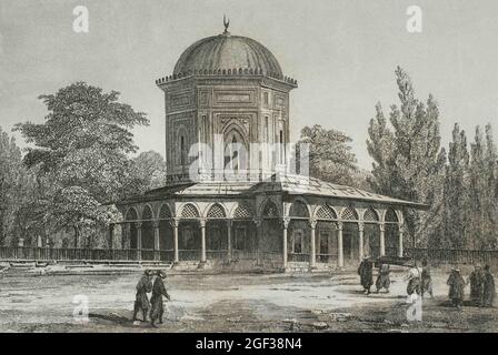 Osmanisches Reich. Türkei, Konstantinopel (heute Istanbul). Außenansicht des Mausoleums von Suleymaniye I. Suleymaniye-Moschee-Komplexes, 16. Jahrhundert. Gravur b Stockfoto