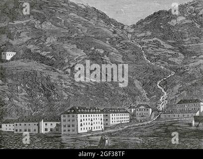 Spanien, Aragon, Provinz Huesca. Panticosa Bäder. Panoramablick auf den Thermalkomplex. Gravur von Sierra. Cronica General de España, Historia Ilust Stockfoto