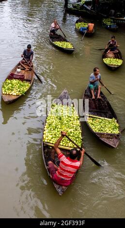 Non Exclusive: BARISHAL, BANGLADESH, AUGUST 20: Luftaufnahme der Verkäufer kommen am Bhimruli Floating Market an, mit Guavas, die auf ihrem Boot transportiert werden Stockfoto