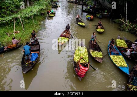 Non Exclusive: BARISHAL, BANGLADESH, AUGUST 20: Luftaufnahme der Verkäufer kommen am Bhimruli Floating Market an, mit Guavas, die auf ihrem Boot transportiert werden Stockfoto