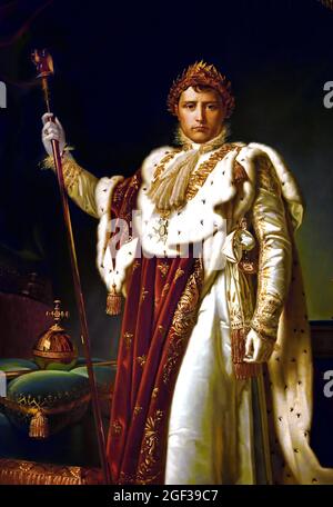 Porträt Kaiser Napoleons I. in Krönungsroben, 2. Dezember 1804 von François Gérard . Stehend, in feinem Mantel vor dem Thron. In der rechten Hand ein Stab mit einem Adler, links auf einem Kissen die Kugel und ein Zepter. Frankreich, Französisch Stockfoto