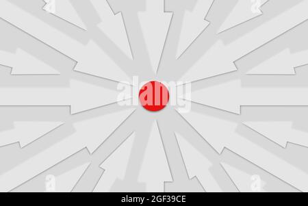 Viele Pfeile gehen zum Zielpunkt. Pfeilgruppe, die auf dasselbe Kreisziel zielt. Weißer Hintergrund. 3D-Illustration. Konzept. Stockfoto