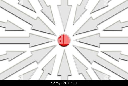 Weißer 3d-Pfeil zum Ziel Kreis auf weißem Hintergrund. 3d-Illustration. Gruppe von Pfeil gehen in die gleiche Richtung oder Ziel. Wettbewerb Konzept. Stockfoto
