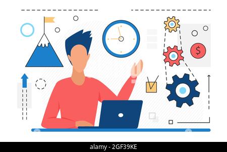 Business Workflow auf Zielerreichung, Erfolg effektive Arbeit Vektor Illustration. Cartoon Geschäftsmann Figur arbeitet mit Laptop und Berg, Verarbeitung Getriebe Konzept Linie Symbole auf weiß isoliert Stock Vektor