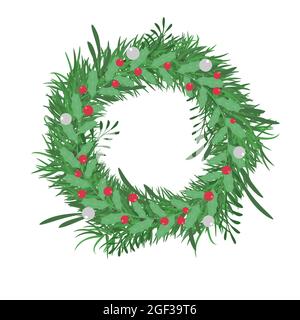 Weihnachtskranz aus Kiefernzweigen, geschmückt mit Beeren. Auf weißem Hintergrund isolierte Vektorgrafik. Stock Vektor