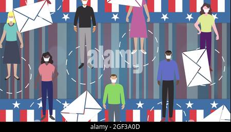Mehrere Umschlagsymbole fallen über Menschen, die Gesichtsmasken gegen die amerikanische Flagge tragen Stockfoto