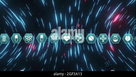 Mehrere medizinische Symbole, die sich bei kreisförmigen Bewegungen gegen Lichtspuren bewegen Stockfoto