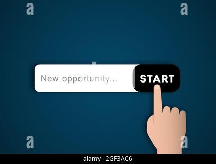 Suche nach neuem Opportunity-Konzept. Hand mit Touchscreen und Suchtaste. Suche nach Online-Opportunities. Stockfoto