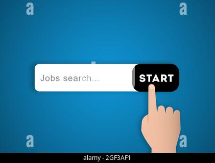 Jobsuche Online-Konzept. Hand berühren Touchscreen-Taste mit Suchbanner auf blauem Hintergrund. Neue Chance und Job-Suche Konzept kreativ Stockfoto