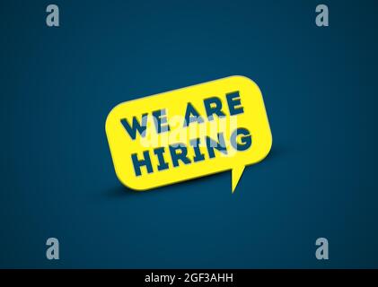 Wir stellen eine gelbe Sprechblase auf blauem Hintergrund mit der Botschaft „Einstellung von Unternehmen“ ein. Konzept der Rekrutierung und Unterstützung durch Unternehmen Stockfoto