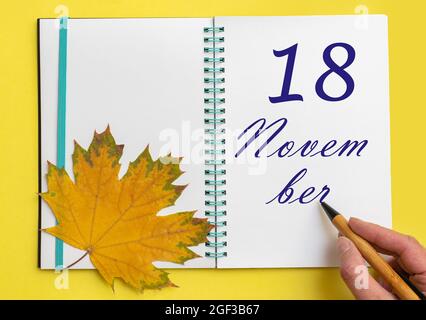 Tag des 18. november. Handschriftlich das Datum 18. november in einem offenen Notizbuch mit einem schönen natürlichen Ahornblatt auf gelbem Hintergrund. Herbstmonat, Stockfoto