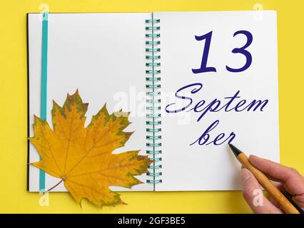 Tag des 13. september. Handschriftlich das Datum 13. september in einem offenen Notizbuch mit einem schönen natürlichen Ahornblatt auf gelbem Hintergrund. Herbstmonat Stockfoto