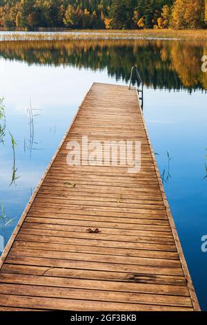 Hölzerner Steg an einem See mit Herbstfarben im Wald Stockfoto