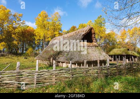 Langhaus auf einer Wiese mit Herbstfarben Stockfoto