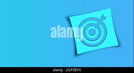 3d-Zielsymbol auf Papier mit Schatten auf blauem Hintergrund. Geschäftsziele und Erfolgskonzept Idee. Flach mit Kopierplatz Stockfoto