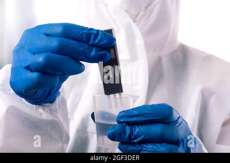 Überprüfen der Wasserqualität. Wissenschaftler tauchen einen Teststreifen in ein Glas Wasser, um die Qualität des Wassers zu bestimmen. Stockfoto