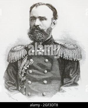 Begbut Martirosowitsch Schelkownikow (Boris Martynowitsch) (Metaksjan) (1837-1878) - russischer General armenischer Herkunft, Held des russisch-türkischen Krieges 1877-1878. Vater des Zoologen Alexander Schelkovnikow (1870-1933). (Boris Martynowitsch) (Metaksjan) (1837-1878) - russischer General armenischer Herkunft, Held des russisch-türkischen Krieges 1877-1878. Vater des Zoologen Alexander Schelkovnikow (1870-1933). Shelkovnikov. Gravur von 1878. Stockfoto