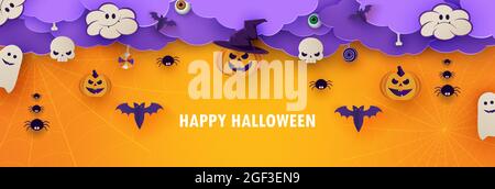 Happy Halloween Banner oder Party Einladung orange Hintergrund mit Wolken, Fledermäuse und Kürbisse in Papier geschnitten Stil. Vektorgrafik. Stock Vektor