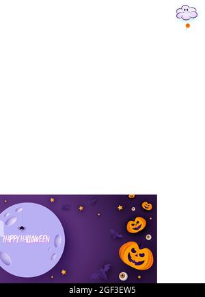 Happy Halloween Banner oder Party Einladung Hintergrund mit Mond, Fledermäuse und lustige Kürbisse in Papier geschnitten Stil. Vektor Stock Vektor