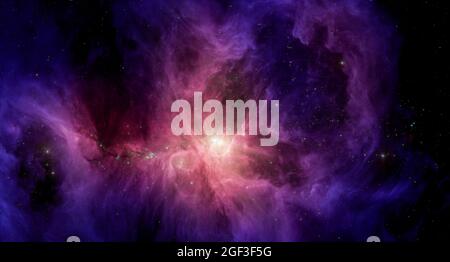 Space nebula. Cosmic cluster of stars. Glowing distant galaxy. Starry field. Outer space abstract background. Mixed media Stockfoto