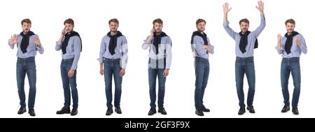 Satz von Ganzkörperporträts von schönen jungen Mann isoliert auf weißem Hintergrund Stockfoto