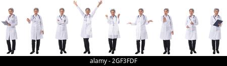 Satz von asiatischen Arzt in voller Länge Porträts tun verschiedene Gesten isoliert auf weißem Hintergrund Stockfoto