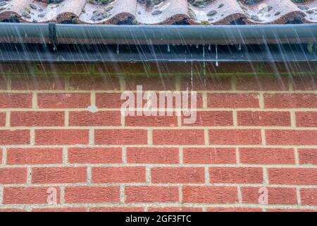 Überfließende Dachrinnen während des Regensturms - teilweise durch Moos vom Dach blockiert. Stockfoto