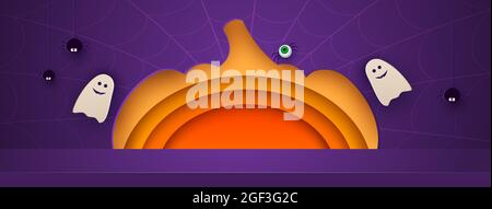 Halloween Kürbis Hintergrund-Design mit lila Podium Produktdisplay. Spinnen und freundliche Geister. 3d Paper Art abstrakte minimale geometrische Form Stock Vektor