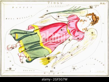 Vintage Sidney Hall astronomische/astrologische Sternkarten - Jungfrau Stockfoto