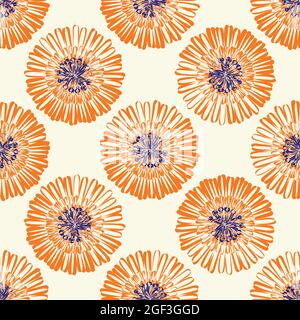 Moderne abstrakte Gerbera Gänseblümchen Blume nahtlose Muster Hintergrund. Geometrische Wiederholung mit orangen Indigo-Blüten auf hellem Hintergrund. Botanischer Lino-Druck Stock Vektor