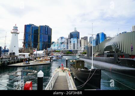 SYDNEY, AUSTRALIEN - 04. Aug 2018: Das Australian National Maritime Museum im Darling Harbour in Sydney, Australien Stockfoto