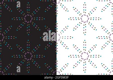 Punktformen geometrisches, nahtloses florales Muster. Kreis, chaotische Komposition in grüner, lila, blauer Farbpalette. Schwarz, Weiß einfach bearbeitbare Farbe Stock Vektor