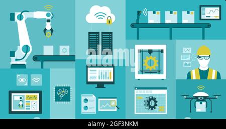 Industrie 4.0: Automatisierung, Industrial IOT, innovativer Produktionsprozess und Technologie Stock Vektor