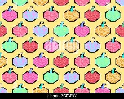 Nahtloses Apple-Muster im Pixel-Art-Stil. 8 Bit bunte Äpfel im 2D Retro-Stil. Design für Druck, Verpackung und Werbung. Vektor i Stock Vektor