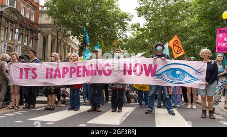 Extinction Rebellion Protest gegen den Klimawandel. Demonstranten halten ein Banner auf der anderen Straßenseite. London - 23. August 2021 Stockfoto