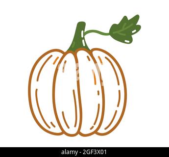 Niedlicher Kürbis mit grünem Stiel im Doodle-Stil. Handgezeichnete Vektorgrafik isoliert auf weißem Hintergrund. Perfekt für Karten, Logo, Herbst- und Urlaubsdesigns, Dekorationen. Stock Vektor