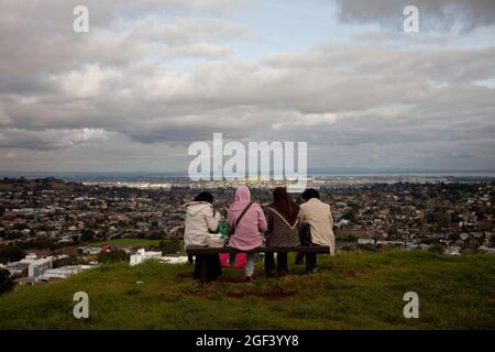 Eine Gruppe von Freunden, die im Mount Eden (Maungawau), einem schlafenden Vulkan im Mount Eden-Viertel von Auckland, zu Mittag essen. Neuseeland. Stockfoto