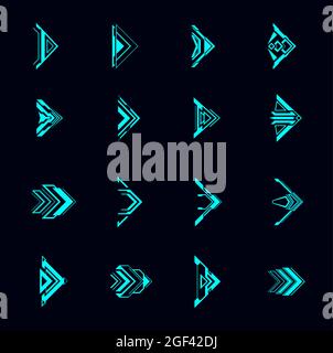 HUD-Pfeile, futuristische Navigationspunkte, Sci Fi UI-Schnittstelle. Digitale Vektorelemente im Techno-Stil. Neon leuchtende Tasten für Computerspiele oder App m. Stock Vektor