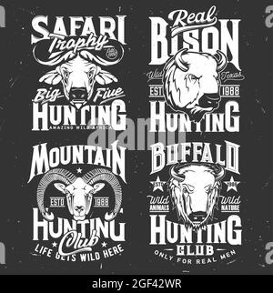 T-Shirt-Druck mit Bergziegen-, Büffel- und Bisons-Köpfen. Vektor Wildtiere Maskottchen für die Jagd und Safari Hunter Club, schwarz-weiß-Etiketten für ein Stock Vektor