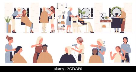 Friseur arbeitet mit Menschen Client in Schönheitssalon Vektor Illustration Set. Cartoon-Kosmetikerin Friseur Stylistin Charakter mit Schere oder Haartrockner machen Haarschnitt, Friseur isoliert auf weiß Stock Vektor