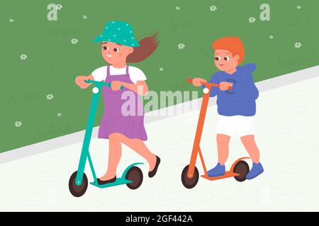 Kinder spielen im Park, fahren Kick Scooter Vektor-Illustration. Cartoon kleinen Jungen und Mädchen Kind Freunde spielen zusammen auf Bürgersteig, aktive Kinder Reiten Roller, Spaß Sport Aktivität Hintergrund Stock Vektor