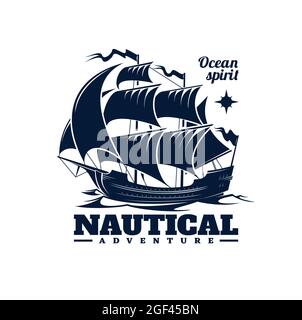 Symbol des Segelschiffs. Nautisches Abenteuer, monochromes Vektoremblem mit mittelalterlicher Karavelle oder antikem Galeonsegelschiff im Meer. Bootstour auf dem Meer, Stock Vektor