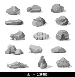 Cartoon Steine und Felsbrocken, grauer Schutt Kies und Kopfsteinpfähle, Vektor. Graue Steine oder Schutt, Kies aus Beton- oder Granitfelsen, Stock Vektor