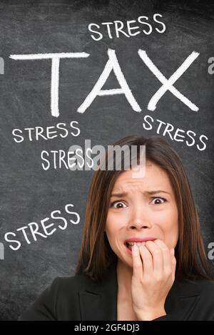 Steuerstress beunruhigte Geschäftsfrau, die ängstlich gestresst aussuchte und witzig ängstliche Gesichtsausdrückte über der Tafel mit Kreideworten von Steuern und Stress machte Stockfoto