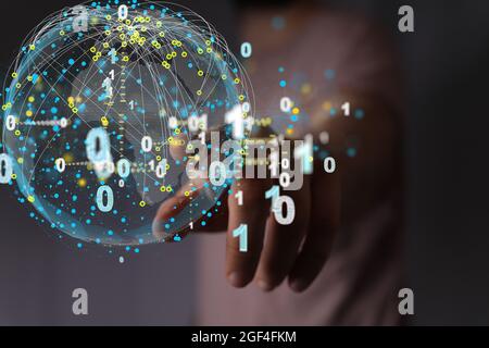 Hand berühren eine 3d-gerenderte Big-Data-Cloud Stockfoto